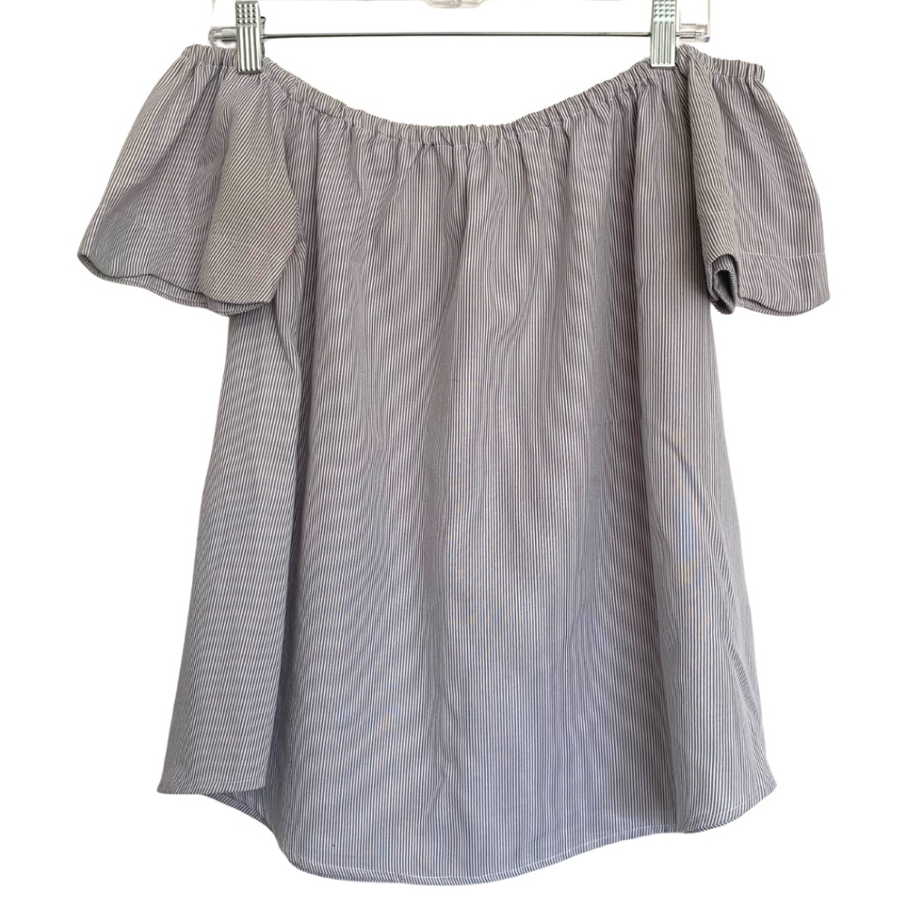 After Market | Gray & White Off the Shoulder Scalloped Sleeve Stripped B…